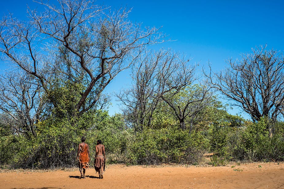 A photograph of two people, their backs to the camera and wearing what look like animal skins or hides, walking towards lush greenery under a blue sky