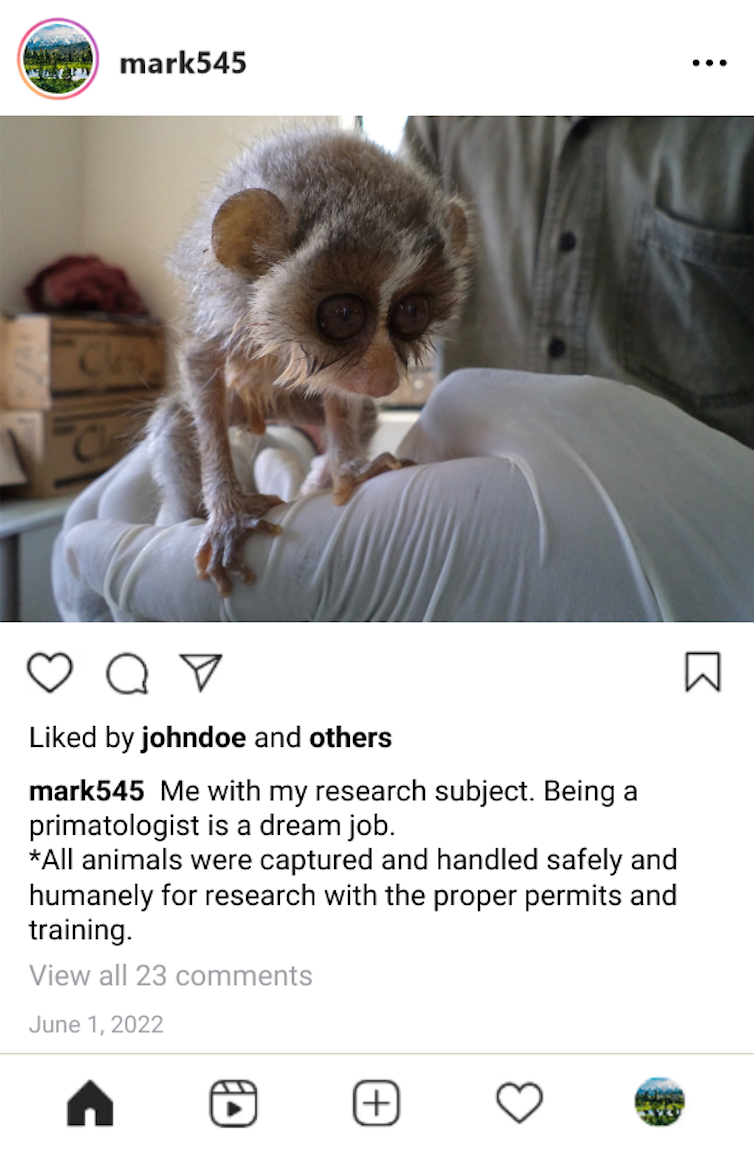 A photo shows a gloved hand holding a small primate, with a caption stating that the animal was captured and handled humanely for research with proper permits and training.
