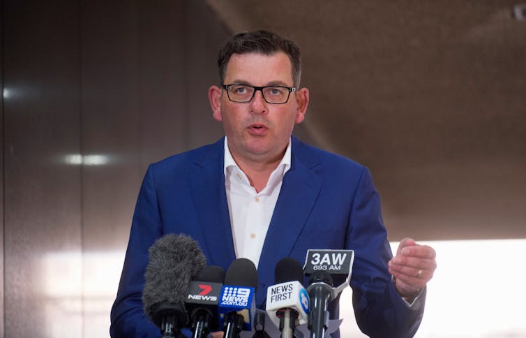 Former Victorian Premier Daniel Andrews delivers a COVID press conference.