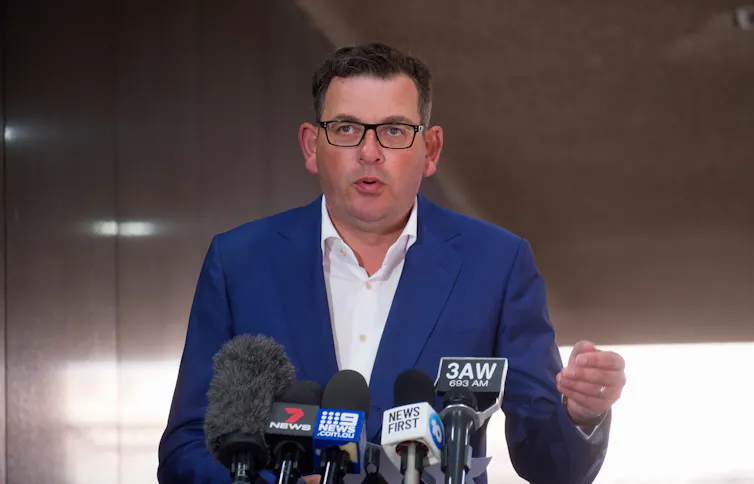 Former Victorian Premier Daniel Andrews delivers a COVID press conference.
