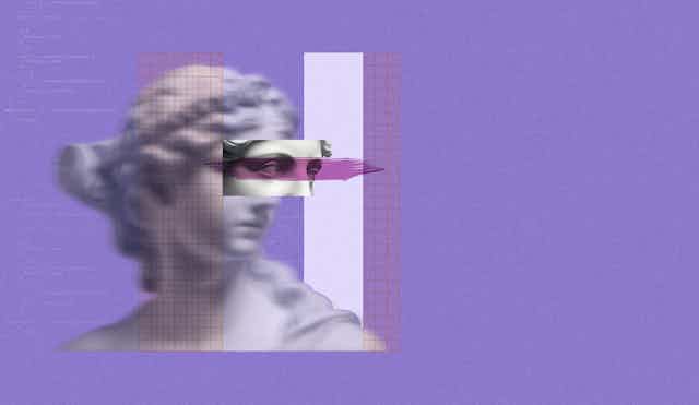 A purple abstract picture of lady justice statue