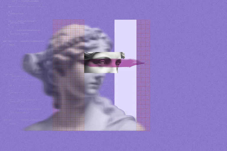 A purple abstract picture of lady justice statue