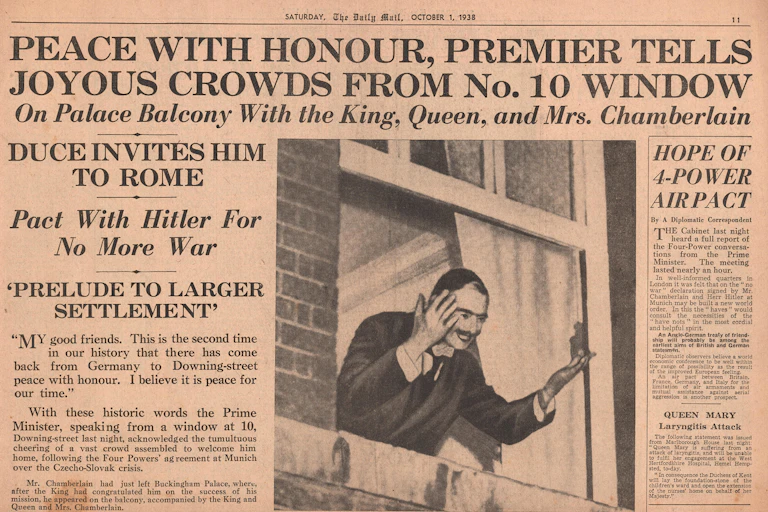 Front page of Daily Main from October 1938 reacting to Neville Chamberlain's Mu8nich agreement with Nazi Germany.