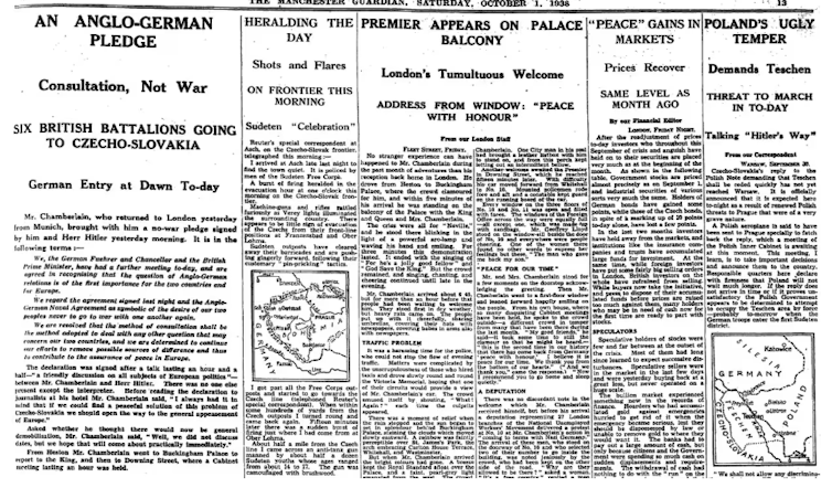 Tear-out of Guardian coverage of Munich agreement