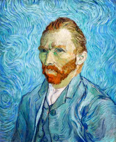 A self-portrait of Vincent Van Gogh on a blue swirly background.