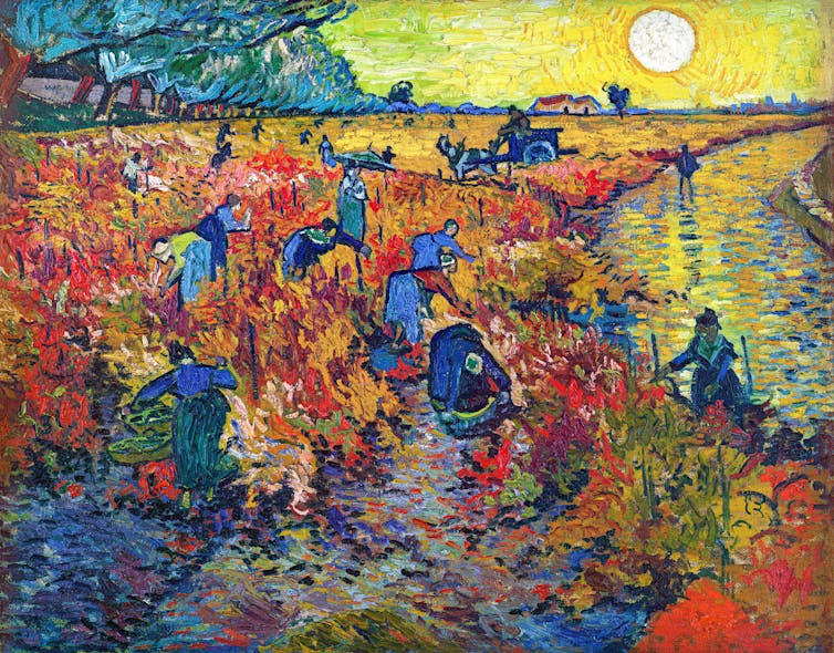 A Van Gogh painting of workers in a vineyard with a bright yellow sun above.