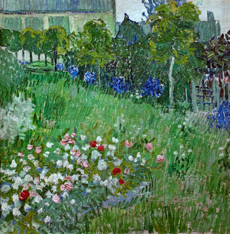 A Van Gogh painting of a beautiful garden with flowers and trees.