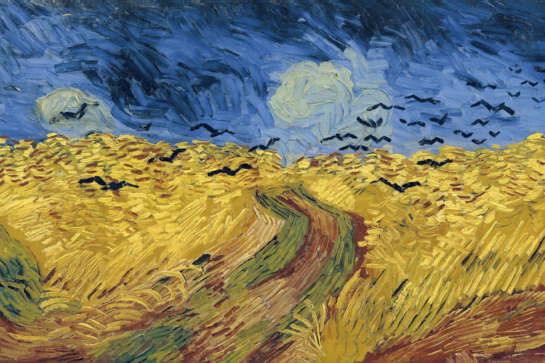 A Van Goch painting of a wheatfield with crows against a black and blue swirly sky.