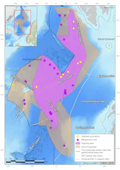 The area that the Norwegian government has approved to open up to deep-sea mining exploration.