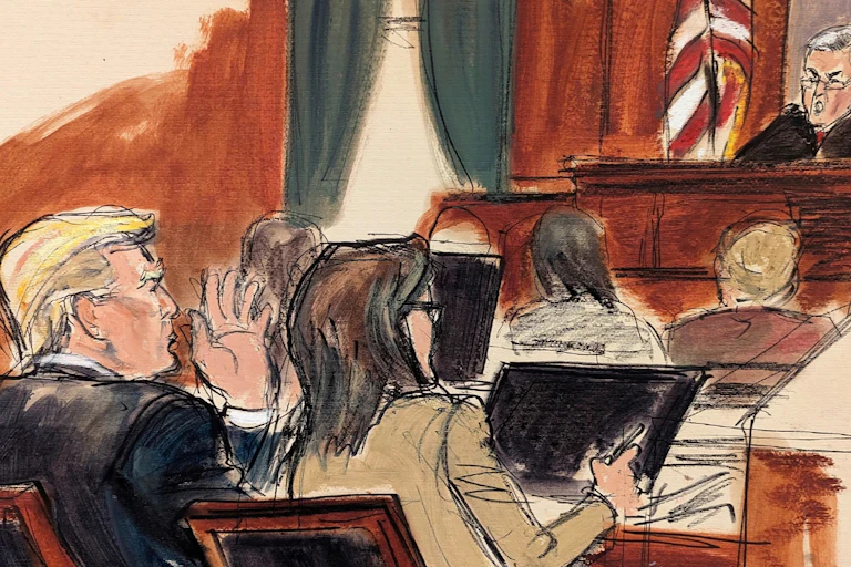 A court sketch artist's depiction of a man in a black robe sitting at a high table speaking with two people sitting at a lower table.