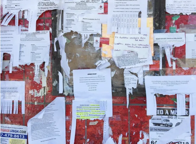 A bulletin board plastered with flyers.