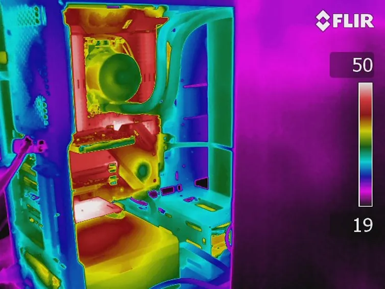 An infrared image of liquid cooled PC showing the variation in temperatures