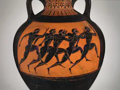 An ancient Greek vase depicting five men, drawn in black ink, running against a terracotta background