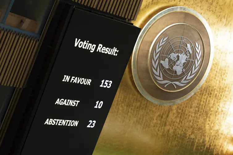 Voting board at the United Nations showing the results of the December 12, 2023 vote.