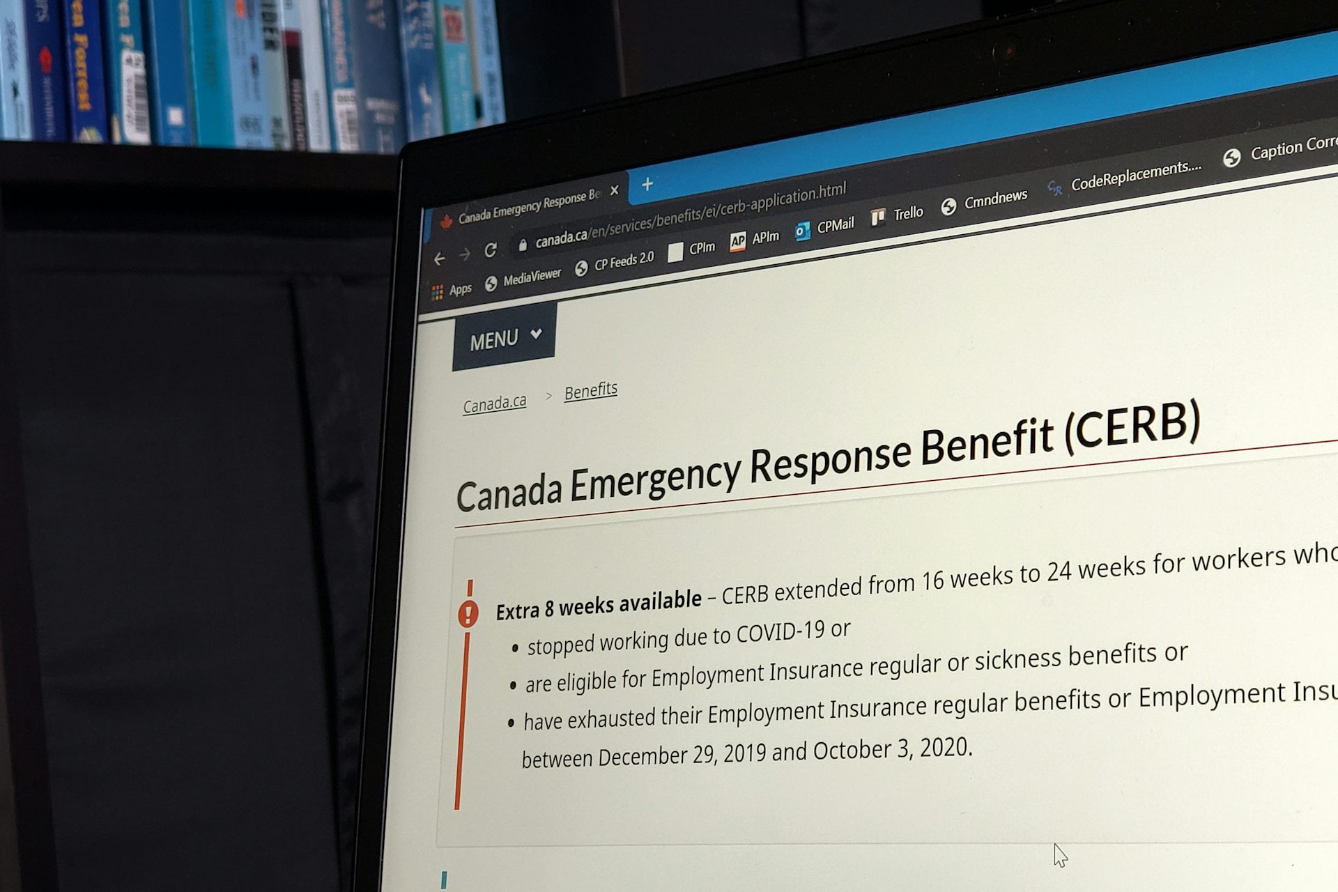 A computer screen showing information about the Canada Emergency Response Benefit