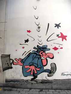 Détail d’une fresque murale inspirée par la bande dessinée Gaston Lagaffe, à Bruxelles