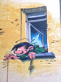 Détail d’une fresque murale inspirée par la bande dessinée Gaston Lagaffe, à Bruxelles