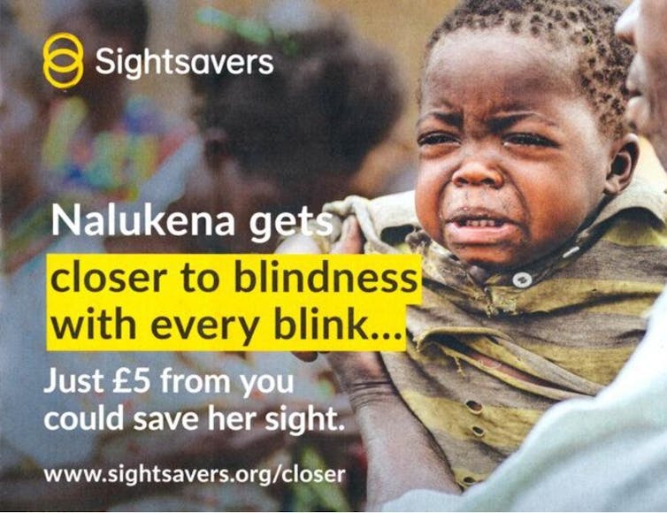 A fundraising appeal by Sightsavers featuring an African child with trachoma.