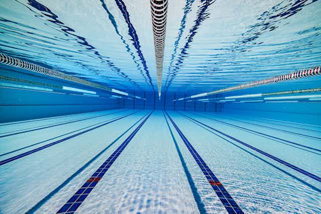 View underwater of swimming pool with black lines on the tiles and lane markers on the surface