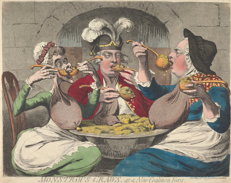 Colour caricature of King George III, Queen Charlotte and the Prince of Wales seated outside the treasury around a bowl of guineas, ladling coins into their mouths
