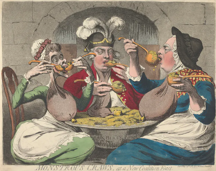 Colour caricature of King George III, Queen Charlotte and the Prince of Wales seated outside the treasury around a bowl of guineas, ladling coins into their mouths