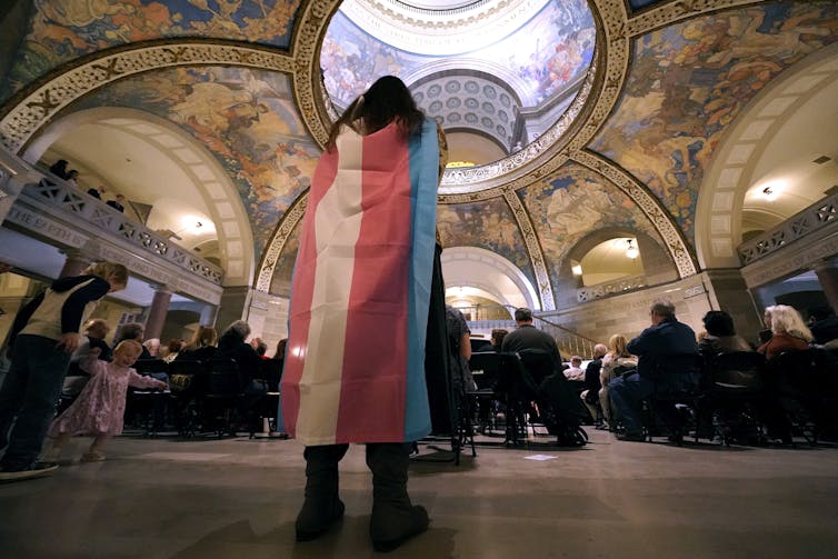 Back of person wearing trans flag at the back of a legislative hearing room with a rotunda