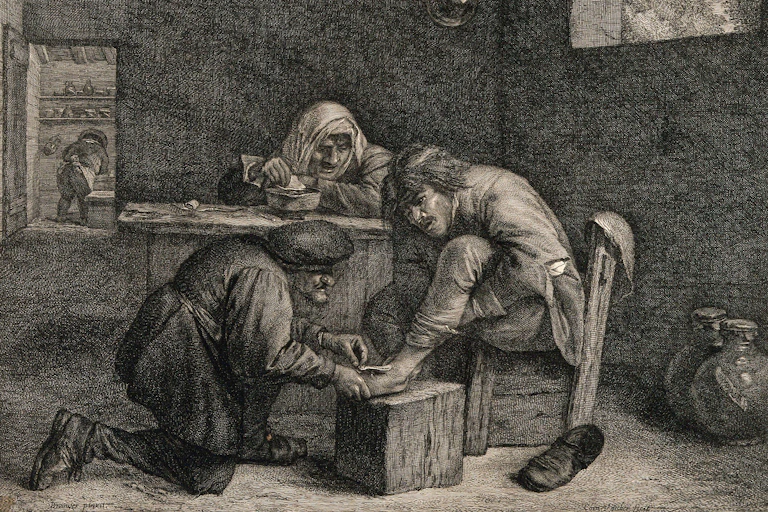 A 19th century drawing of a man treating a wound on a man's foot.
