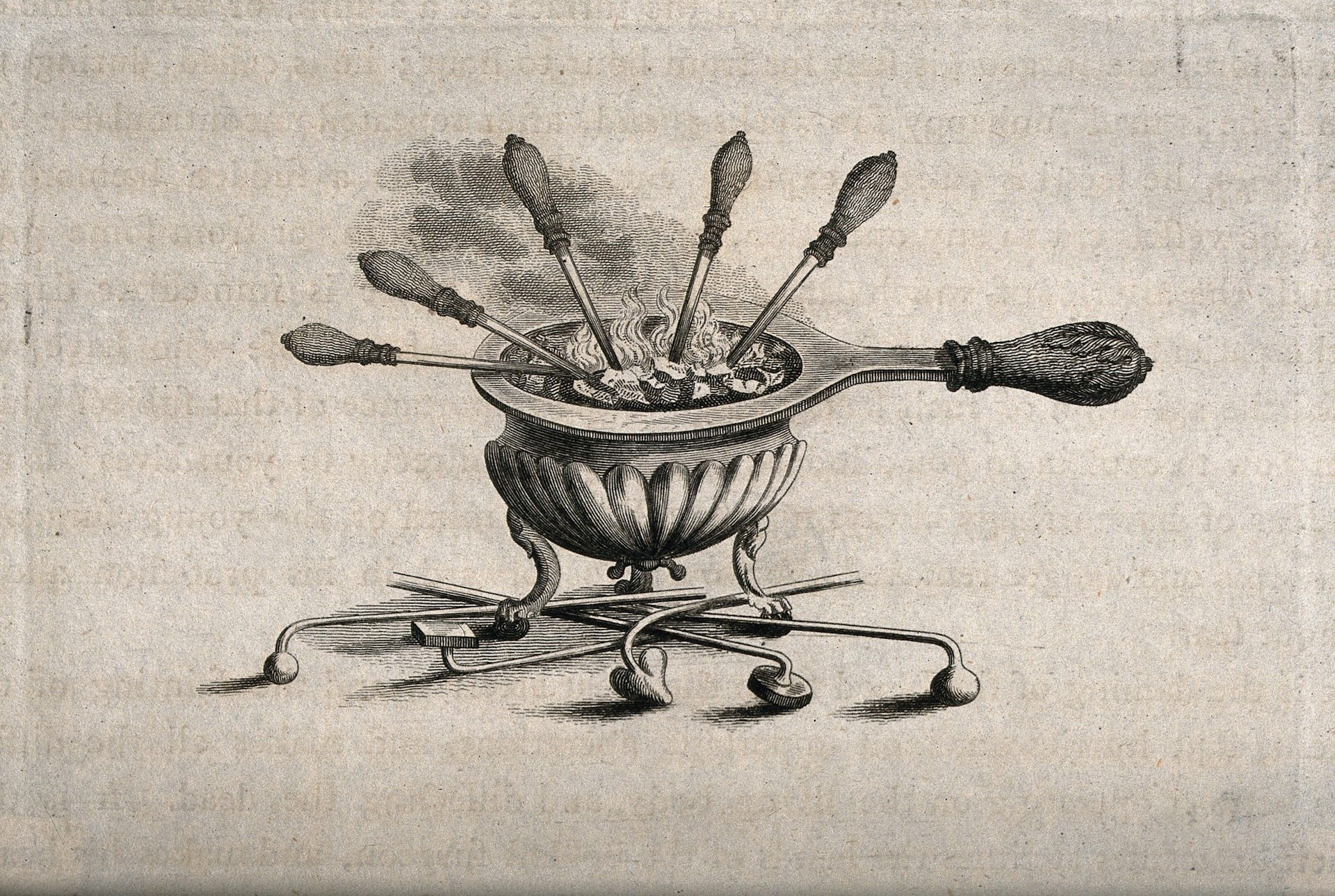 A drawing of a pot containing a fire with several medical instruments poking out of it.