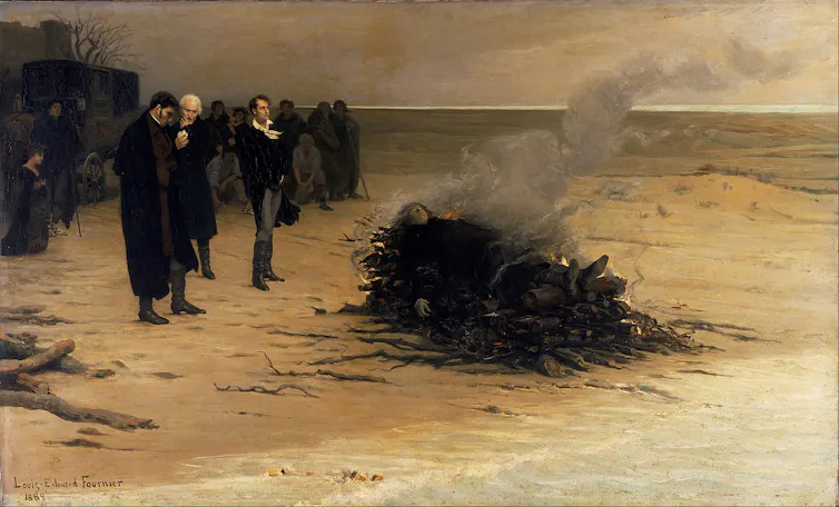 Painting of men dressed in black watching body on funeral pyre on a beach