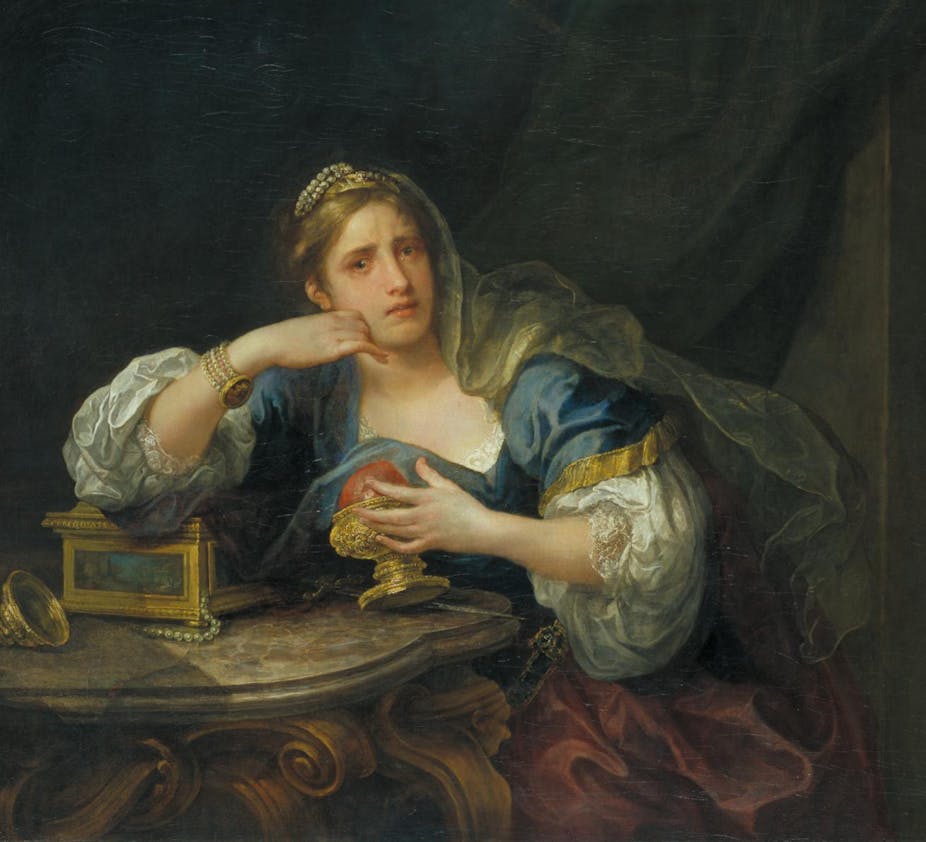 Painting of a crying woman with a heart in her hand in an ornate gold dish.