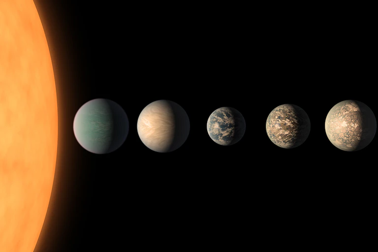 An illustration of seven planets lined up next to a large sun.