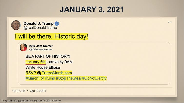 A Tweet by then-President Donald Trump, saying 'I will be there. Historic day!' posted 3 days before the Jan. 6 U.S. Capitol riot.