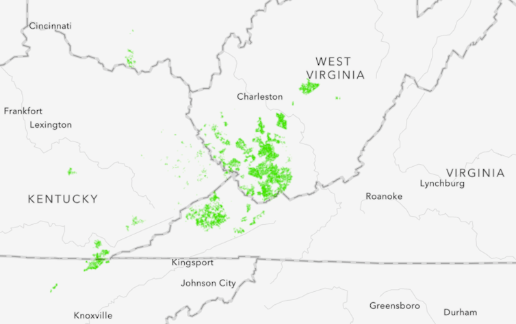 A map shows large areas of forest in several states that are on the carbon market.