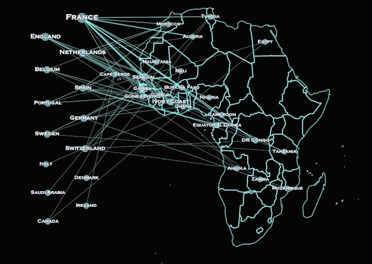 A map of Africa showing the contribution of non-African countries to this year's Afcon.