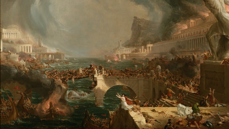 An oil painting depicting the fall of the Roman Empire.