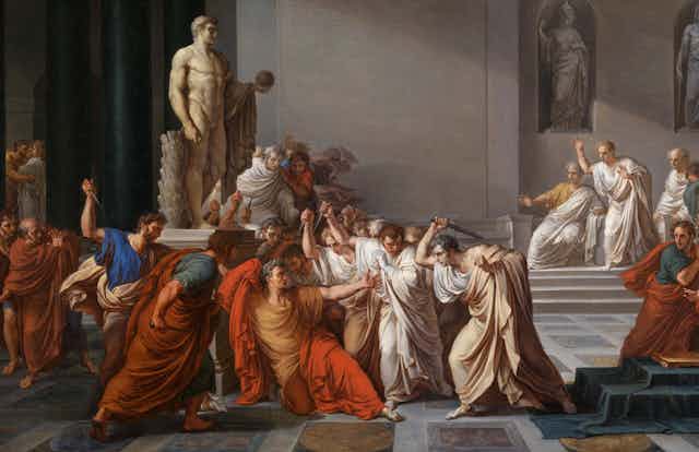 Oil painting depicting the assassination of Julius Caesar.  