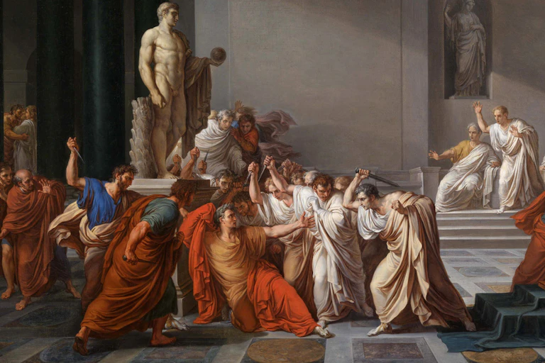 Oil painting depicting the assassination of Julius Caesar.