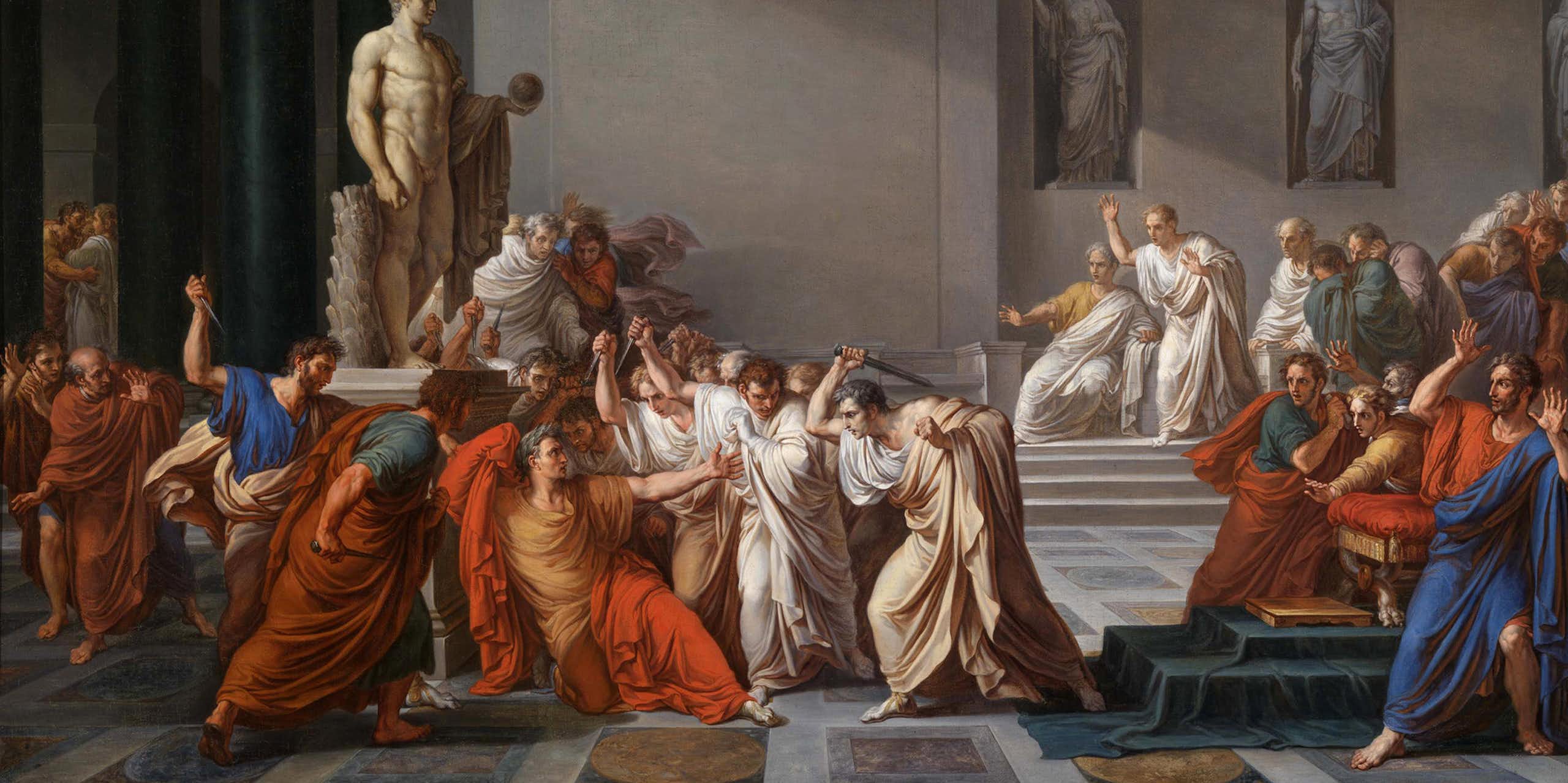 Oil painting depicting the assassination of Julius Caesar.  