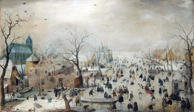 Painting of a frozen river in Amsterdam in the 1600s where lots of people go about their business.