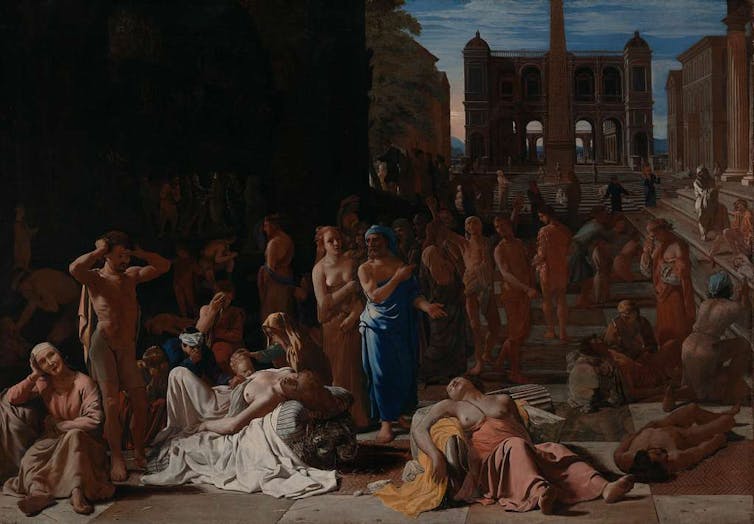 A painting of crowds of ill and dying people during a plague in ancient Athens.