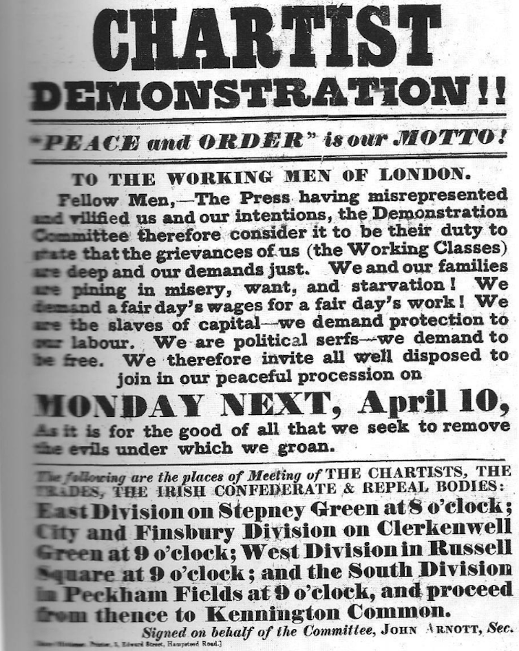 Copy of a poster advertising a demonstration in 1848.