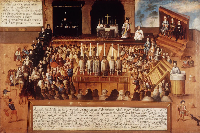 Un cuadro de colores desvaídos muestra a una multitud de personas en el exterior rodeando una plataforma en la que hay seis personas de pie con sombreros blancos puntiagudos.