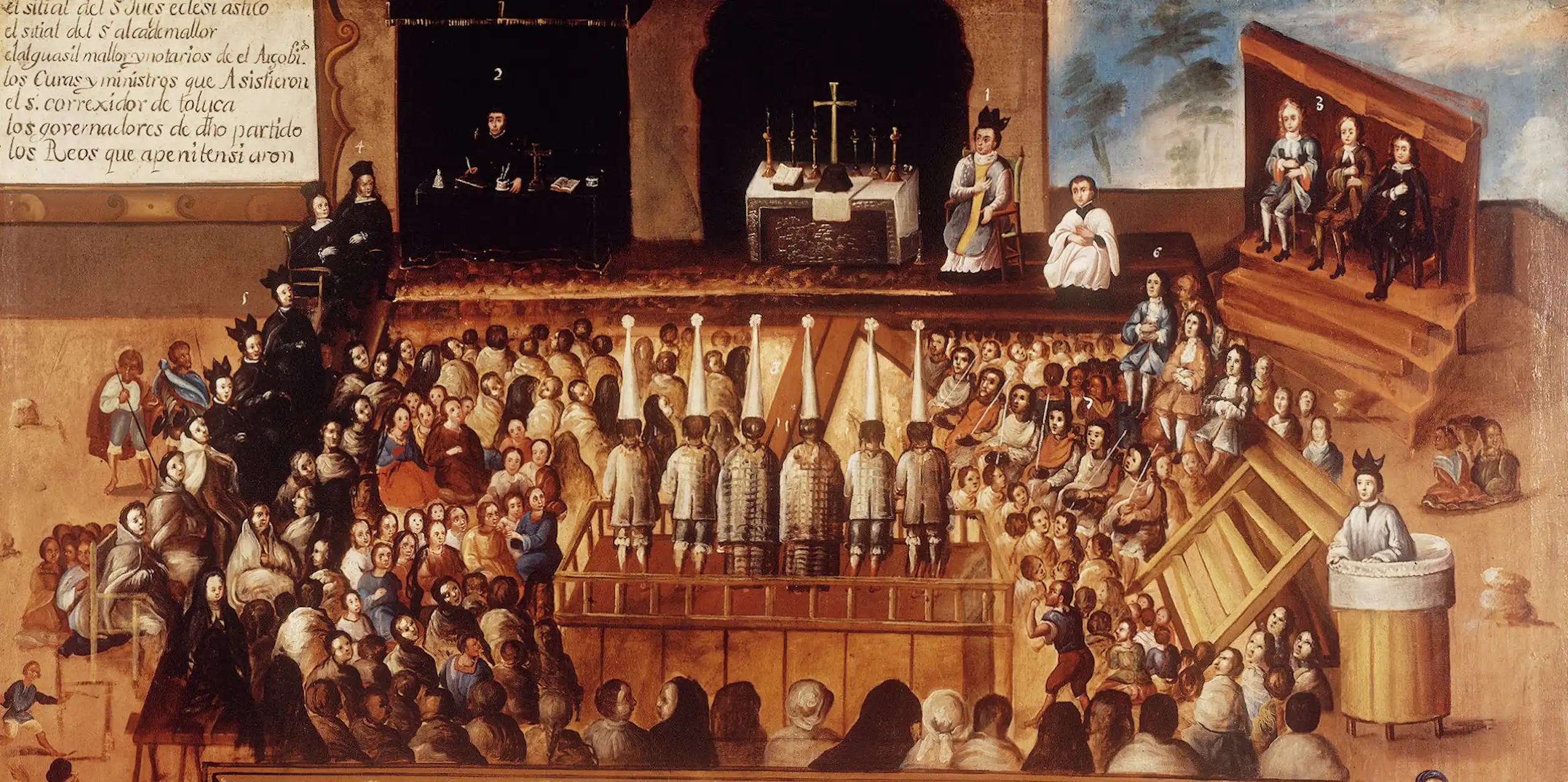 Un cuadro de colores desvaídos muestra a una multitud de personas en el exterior rodeando una plataforma en la que hay seis personas de pie con sombreros blancos puntiagudos.