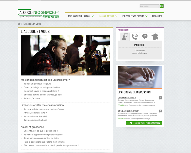 Capture d’écran de la page d’accueil du site Alcool-Info-Service.fr. Est inscrit son numéro 0980 980 930