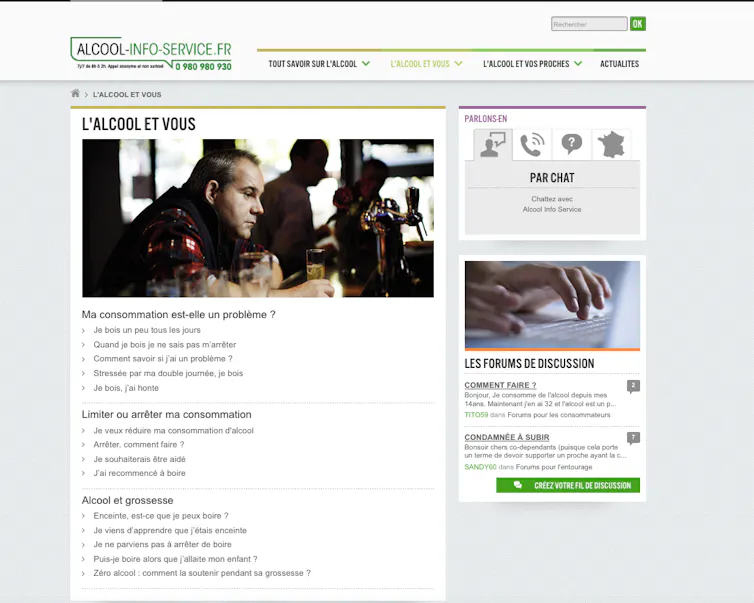 Capture d’écran de la page d’accueil du site Alcool-Info-Service.fr. Est inscrit son numéro 0980 980 930