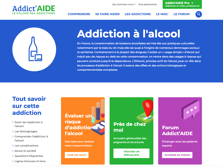 Capture d’écran de la page destinée à l’alcool du site Addict’AIDE, le village des addictions.