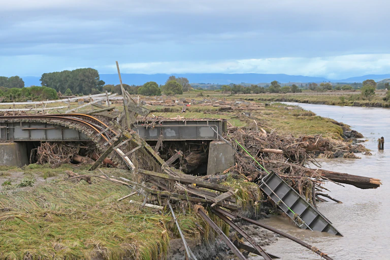 Broken bridge in aftermath of Cyclone Gabrielle