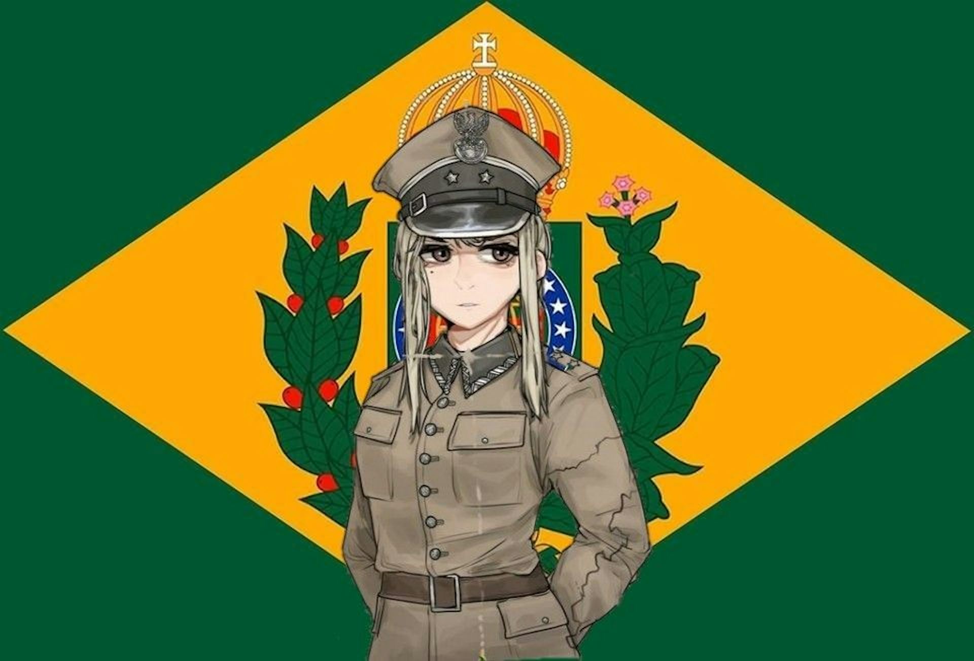 Uma personagem de um desenho japonês, com um uniforme nazista, está no centro da imagem, à frente da bandeira imperial brasileira