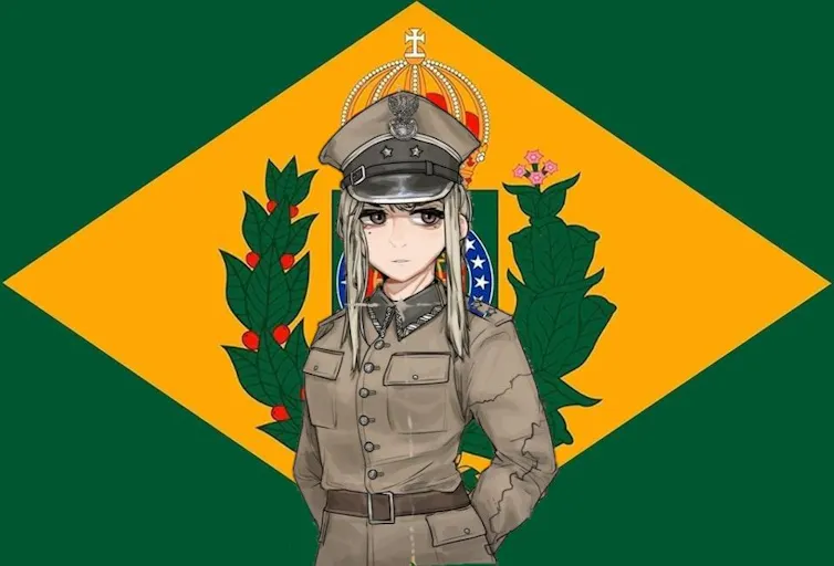 Uma personagem de um desenho japonês, com um uniforme nazista, está no centro da imagem, à frente da bandeira imperial brasileira