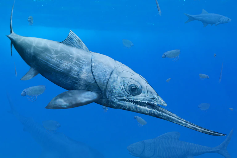 a prehistoric fish with an elongated lower jaw swims in blue water